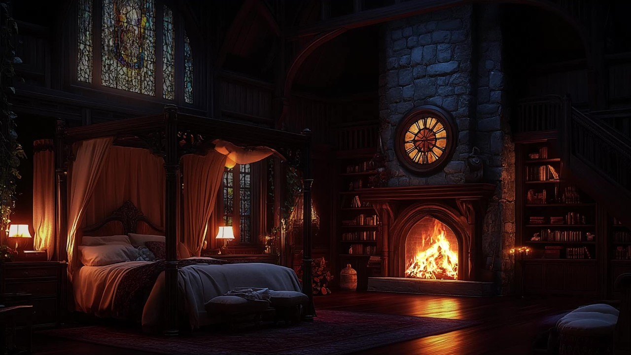🕯️🏯 Gentle Night Rain Sounds in an Elegant Castle Room | Rain on Glass & Fireplace | Sleep & Relax