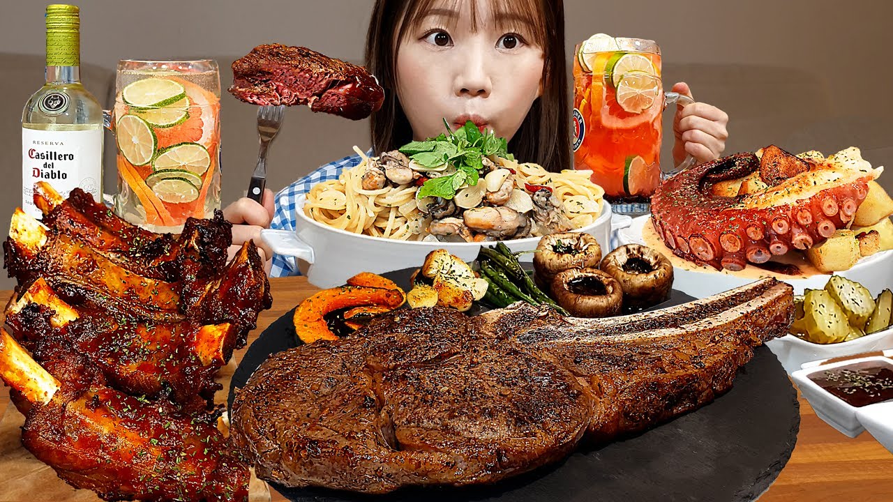 Sub)Cooking Mukbang- Стейк 🥩 Осьминог на гриле (пульпо) 🐙 Свиные ребрышки, паста с маслом 🍽сангрия 🍸