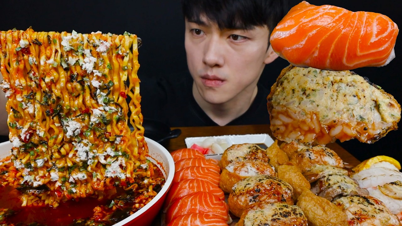 웃음기 싹 빼고 먹기만 했습니다2탄 미역불닭볶음탕면 & 대왕연어초밥 & 갈릭치즈유부초밥 & 불초밥세트 먹방 SPICY FIRE STEW NOODLES & SALMON MUKBANG