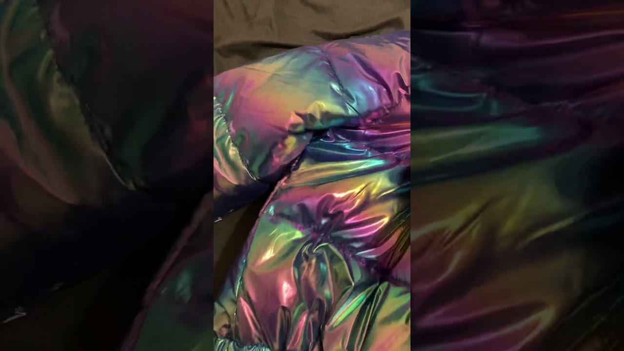 Women&rsquo;s shiny wet look rainbow puffer jacket
