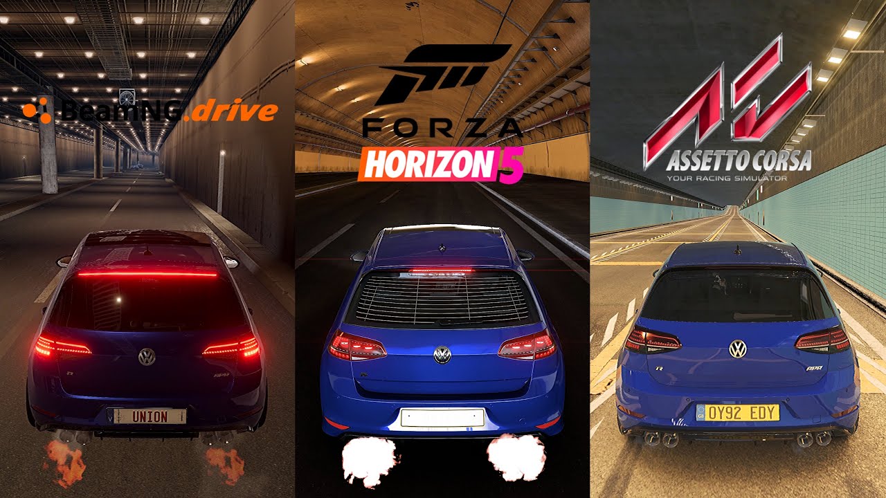 BeamNG.drive vs Forza Horizon 5 vs Assetto Corsa | VW Golf 7 R | Tunnel Sound Exhaust Check