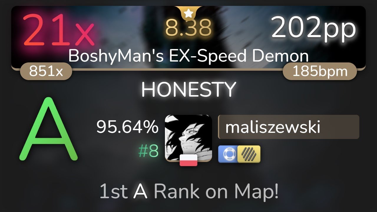 [8.38⭐] maliszewski | GYZE - HONESTY [BoshyMan's EX-Speed Demon] +NFHD 95.64% {#8 202pp 21❌} - osu!
