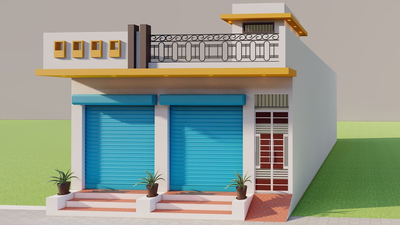 एक मंजिल के मकान में आगे दुकान पीछे मकान का नक्शा,20 By 45 Shop With 3 Bedroom House Elevation