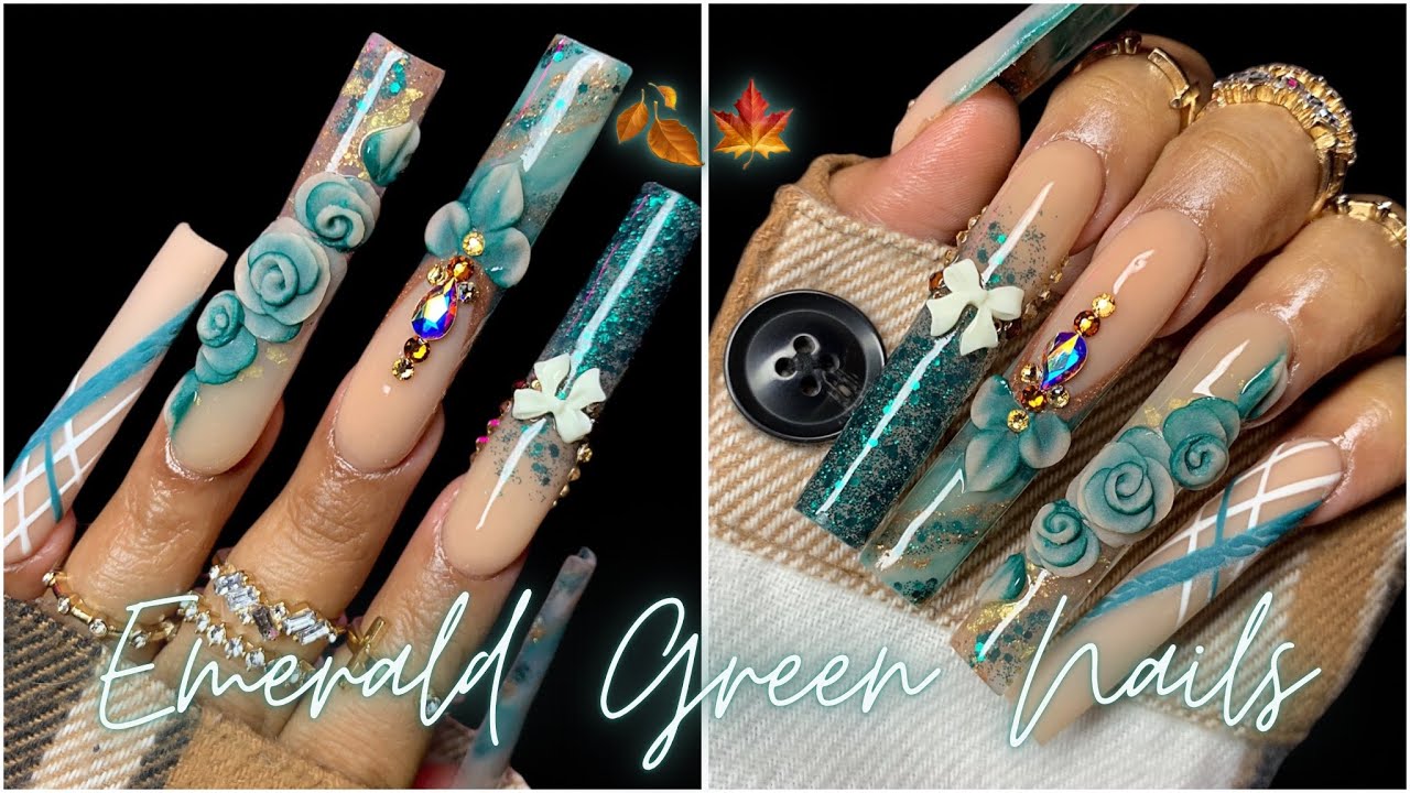 EMERALD GREEN FALL NAILS 🍂💚/ HOW TO 3D TWO TONE ROSE