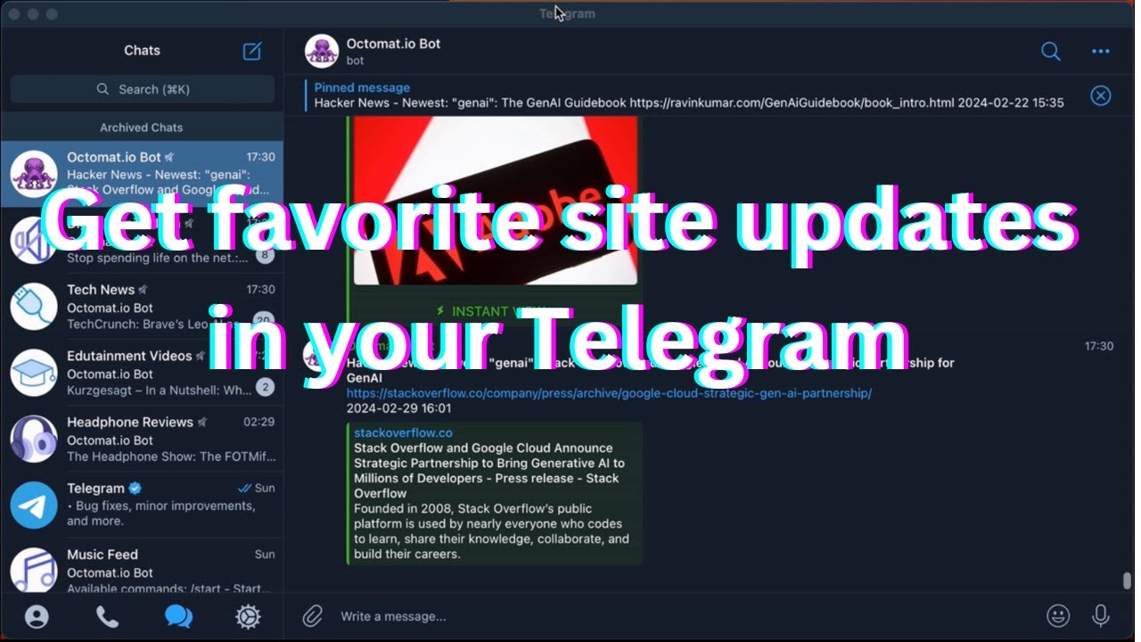 Octomat Feed Aggregator Bot for Telegram essential features walk-through