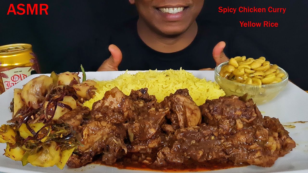 ASMR EATING: SRI LANKAN YELLOW RICE, SPICY CHICKEN CURRY CASHEW CURRY and Potato tempered @PushASMR