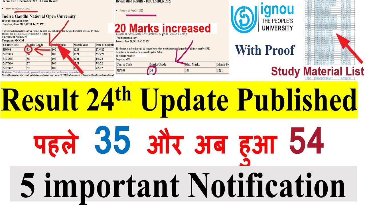 IGNOU Dec 2021 Result 24th Update Published | 5 important Notification | Study Material List |