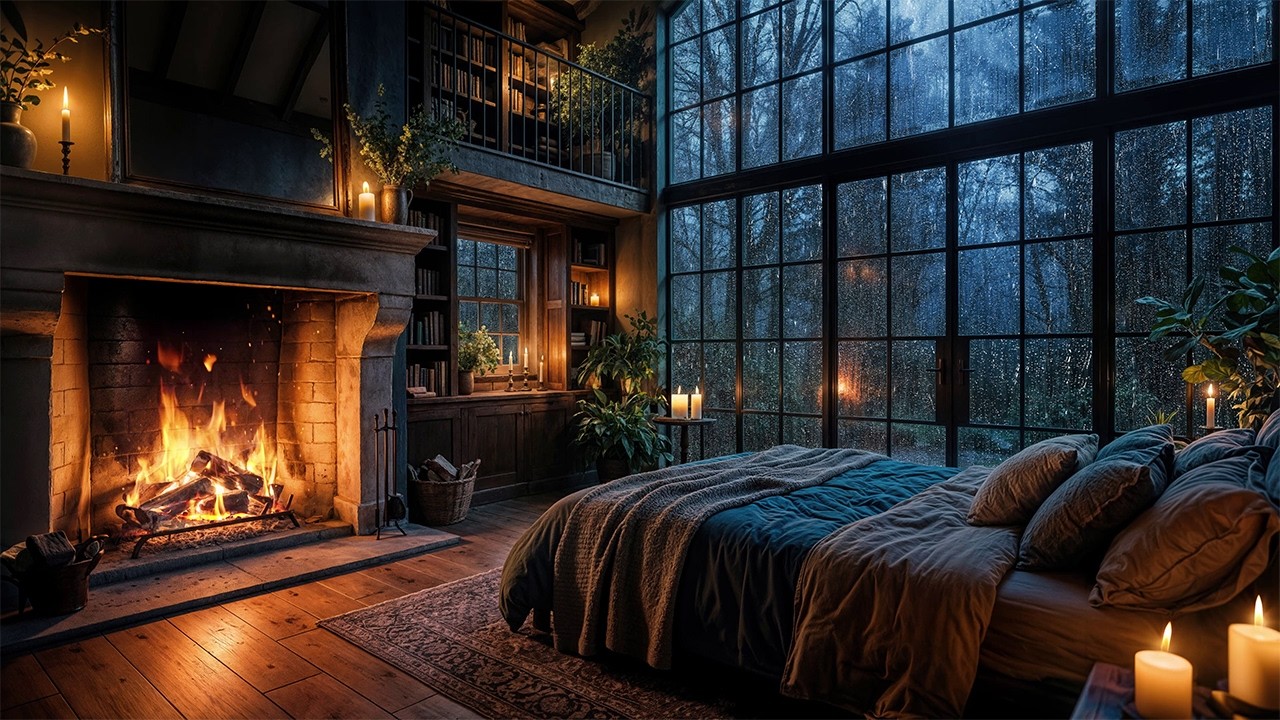 Forest Rain Bedroom – Cozy Fireplace & Rain on Windows Sleep Ambience (10 Hours, 4K)