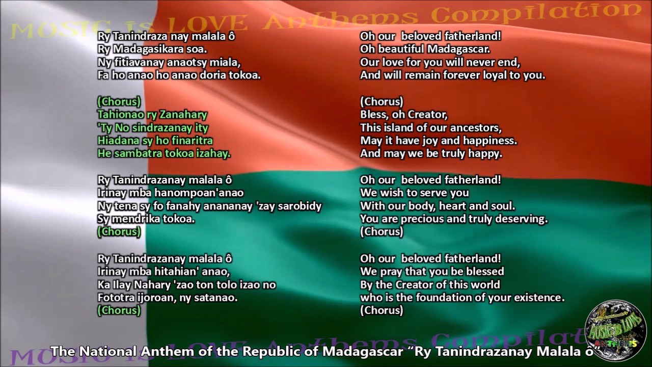 Madagascar National Anthem with music, vocal and lyrics Malagasy w/English Translation