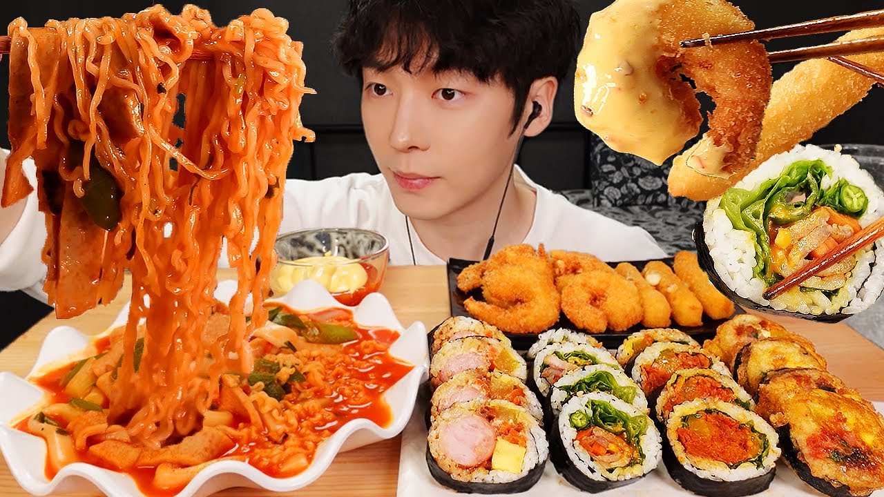 ASMR MUKBANG | 직접 만든 라면 떡볶이 라볶이 치즈 스틱 새우 튀김 김밥 분식 먹방 & 레시피 Rice roll AND Tteokbokki EATING