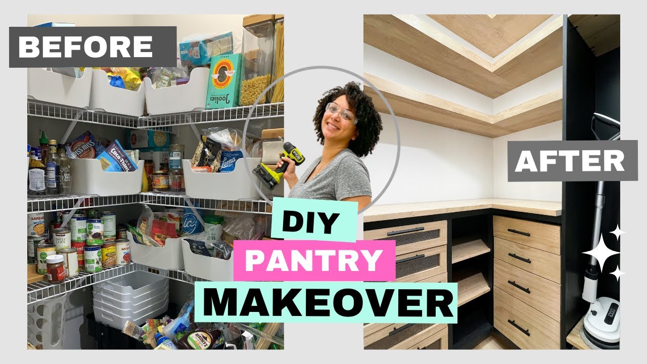 How to Build an Easy Budget Friendly DIY Pantry Makeover with custom shelves and produce Drawers