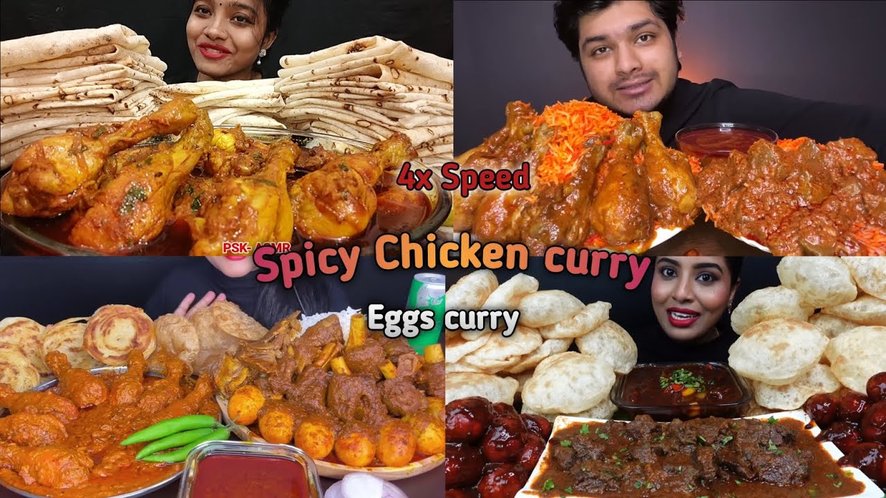 ASMR:Eating Spicy Juice Chicken curry🍗🤤mutton curry, rumali roti, egg curry puri, eating, mukbang