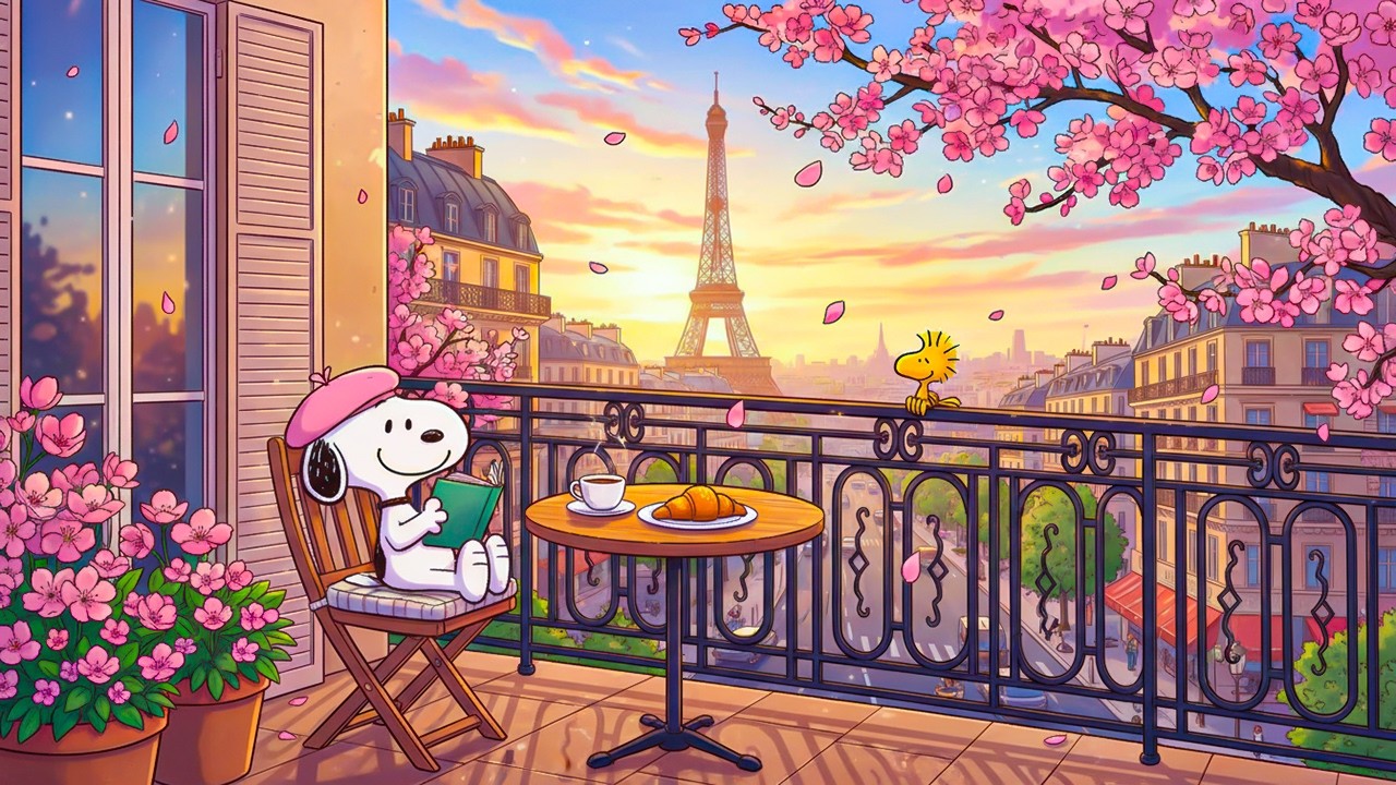 Cherry Blossom Paris Balcony 🌺🌿Snoopy Cozy Lofi | Chillhop Beats for Study, Relax & Romantic Vibes