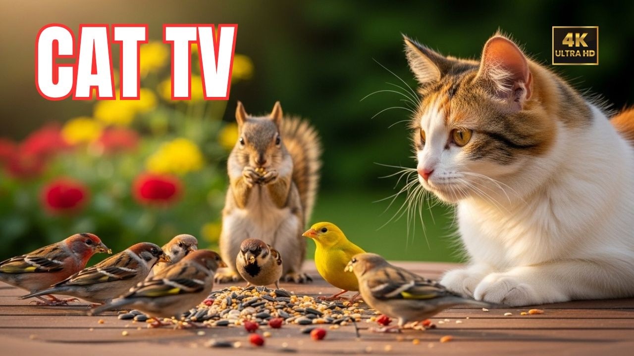Лучшая дикая природа во дворе для кошек 😺 Птицы против белок | 4K HDR