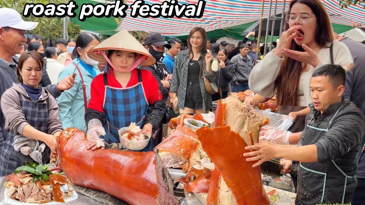 Tourists flock to buy the best whole roasted pork at the festival where hundreds of pigs are sold.