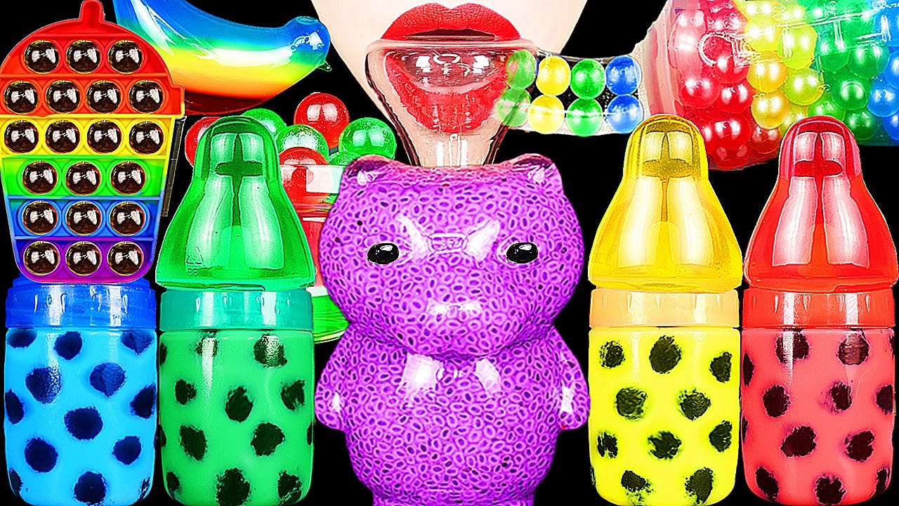 ASMR RAINBOW DRINKS *BABY BOTTLE BOBA TEA, EDIBLE POP IT, JELLY, BIRD GLASS DRINKING SOUNDS 신기한 물 먹방