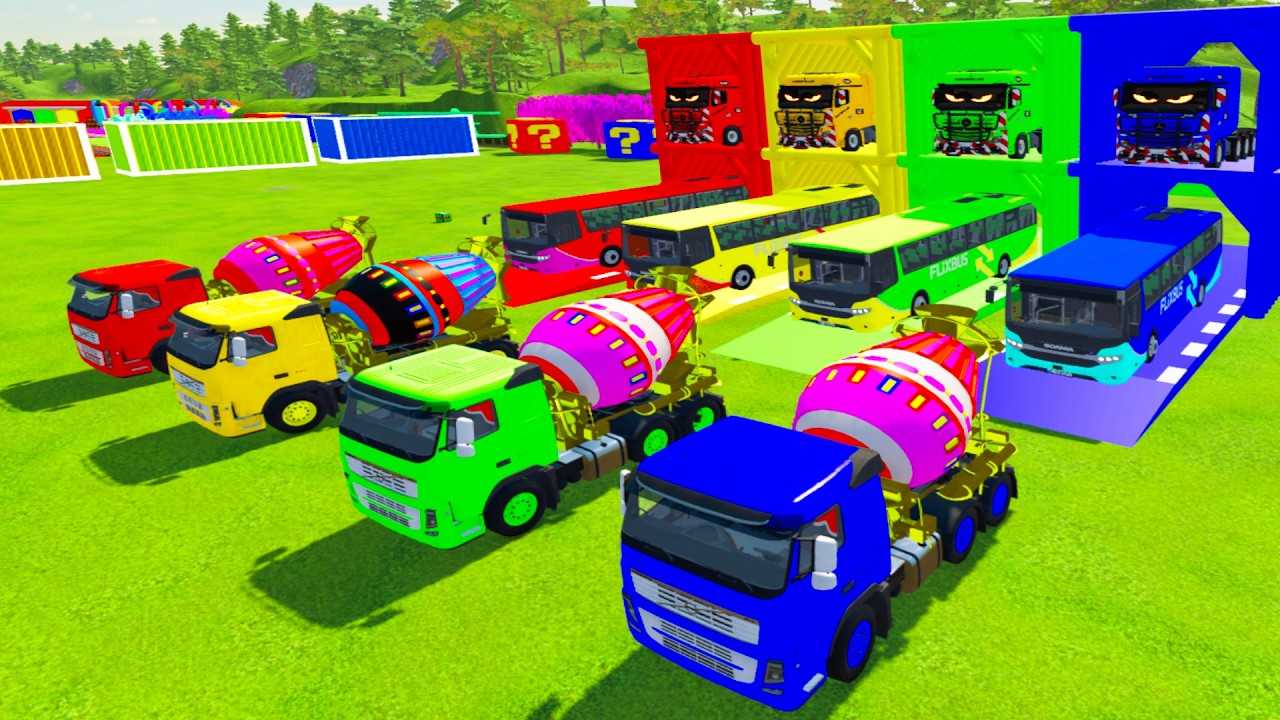 Colorful trucks - ALL COLORFUL MIXER TRUCK, SCANIA BUS TRANSPORTING WITH MERCEDES TRUCK TO GARAGE