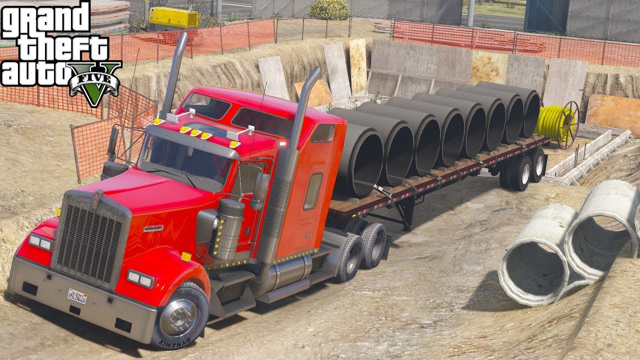 GTA 5 Real Life Mod #146 Kenworth W900 Truck & Flatbed Trailer Delivering Pipes To Construction Site