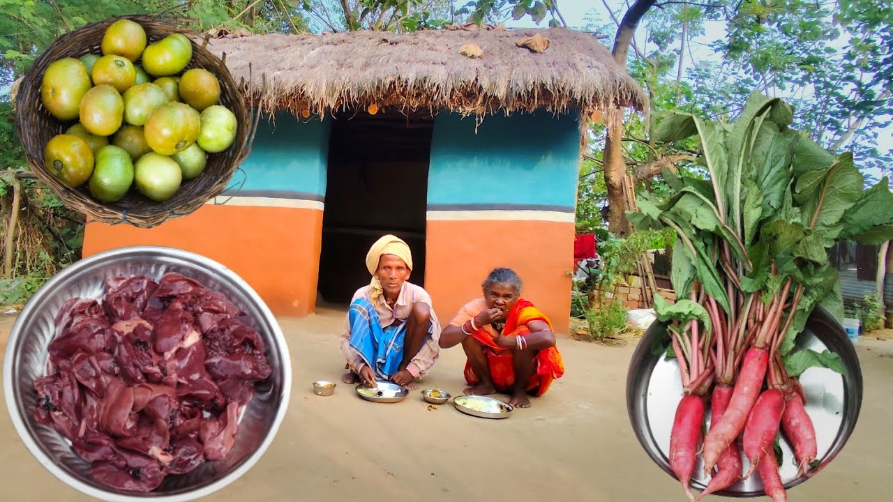 80years old grandma cooking LIVER CURRY with GREEN TOMATOES || rural old couple cook and eating vlog