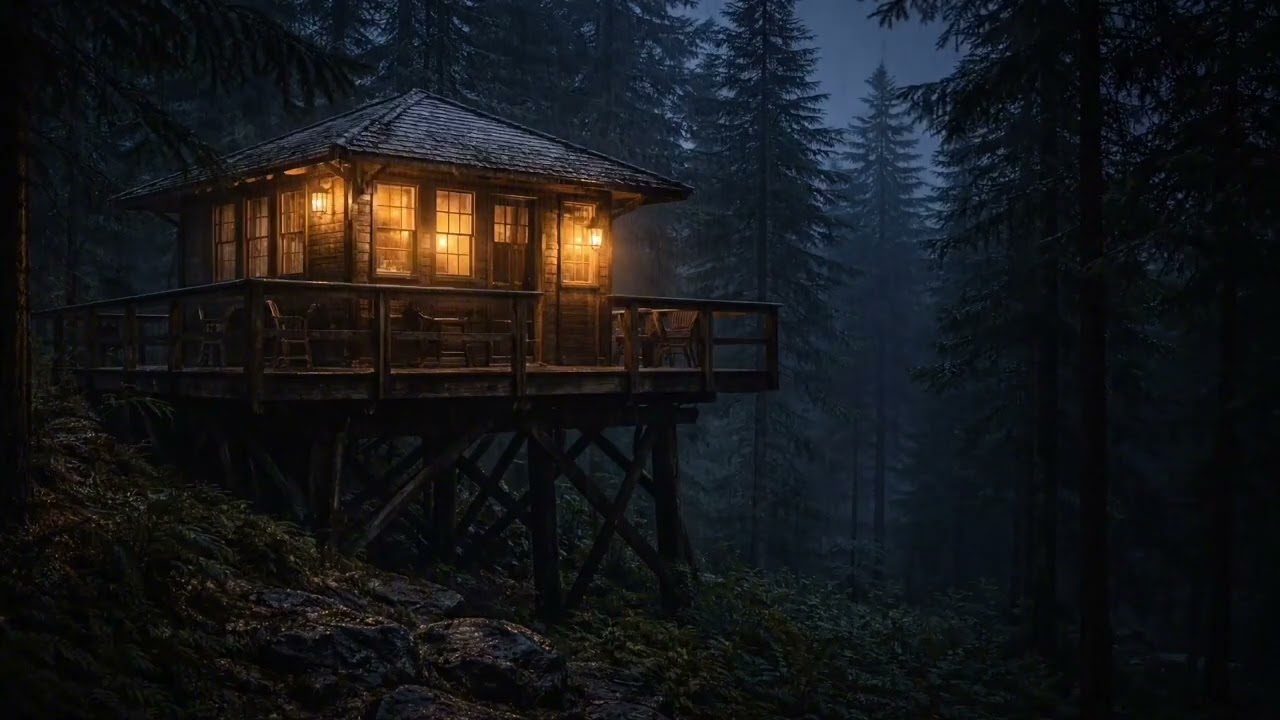 Rain on a Forest Lookout Cabin at Night | Cozy Rain Sounds for Sleep (4 Hours)