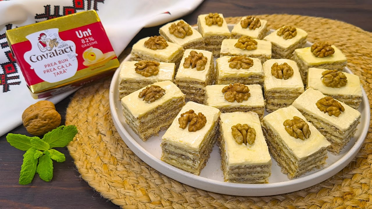De 4 X mai multa nuca decat faina, in blat -  Prajitura Ileana cu blat cu nuca si crema de vanilie
