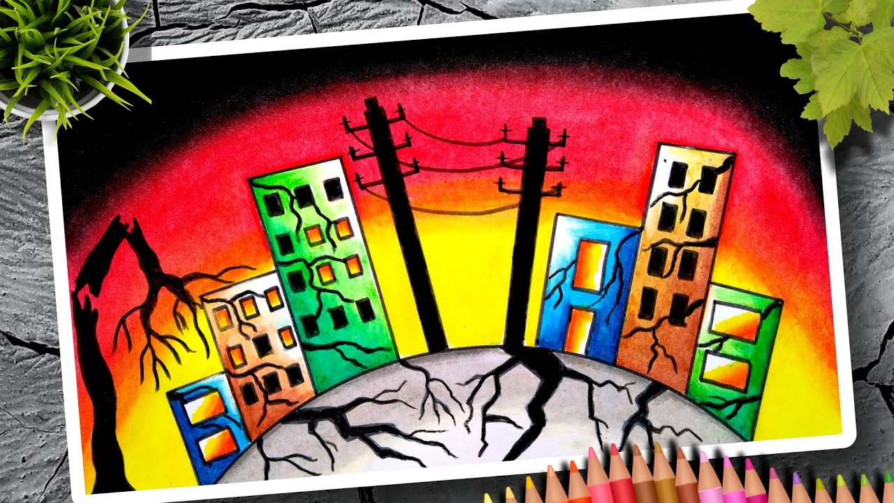 earthquake precursors studies and monitoring  drawing/earthquake drawing with oil pastel colour