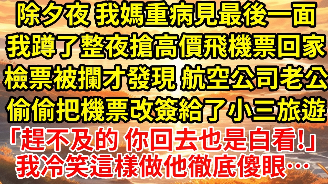 除夕夜 我媽重病見最後一面我蹲了整夜搶高價飛機票回家檢票被攔才發現 航空公司老公偷偷把機票改簽給了小三旅遊「趕不及的 你回去也是白看!」我冷笑這樣做他徹底傻眼…