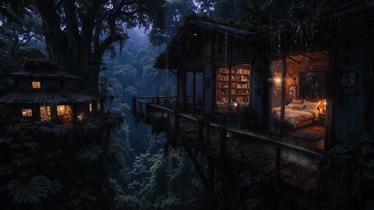 Soft Night Rain Falling Around a Secluded Cabin Beneath Forest Trees 🌧️🌲 | Calm Deep Sleep Ambience