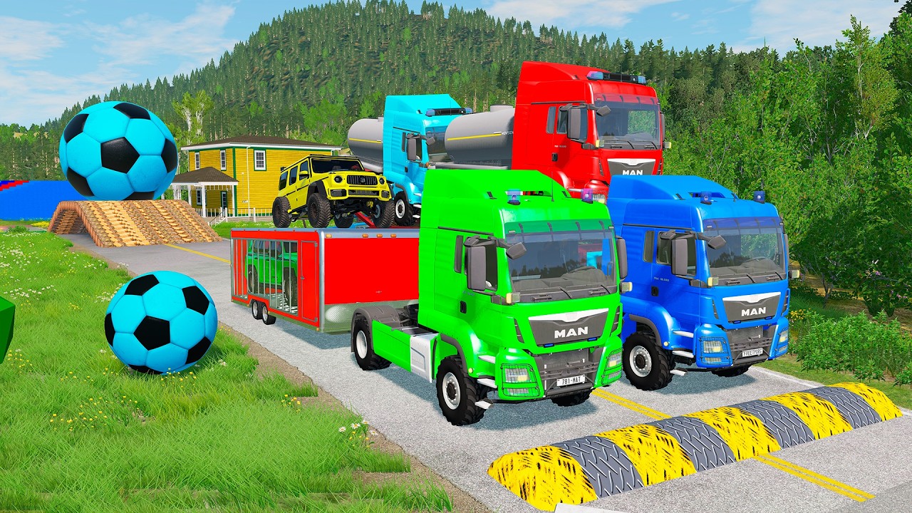 Triple Flatbed Trailer McQueen Transportation with Truck - Speedbumps vs Cars vs Train - BeamNG 0155