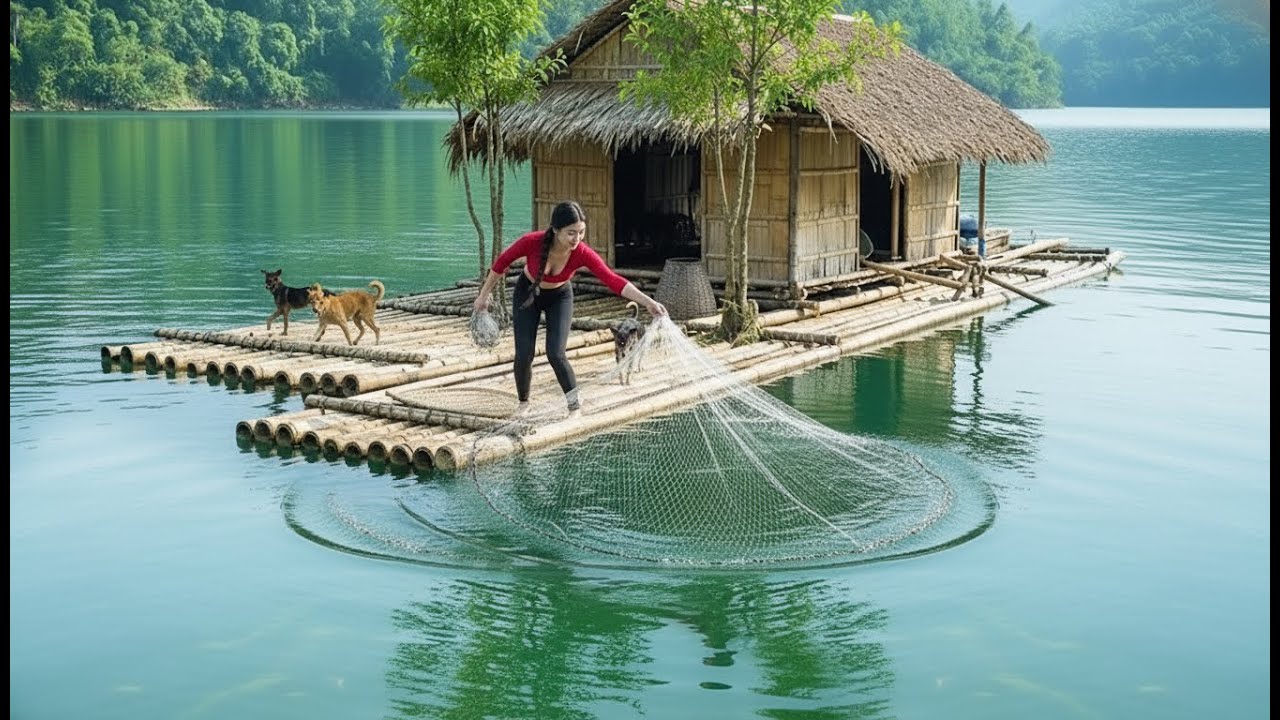 Building Raft with Bamboo and A Roof -- Fishing & Cooking by the Stream with Thu