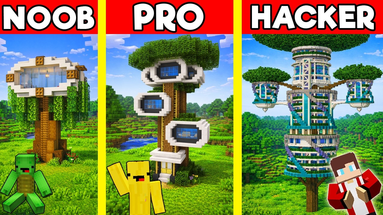Современное строительство домиков на деревьях в Minecraft: битва — вызов «новичок против професси...