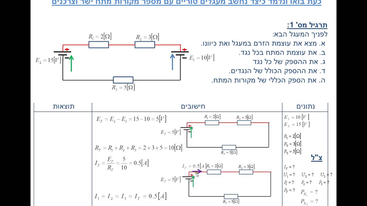 חיבור מקורות מתח ישר במעגל טורי