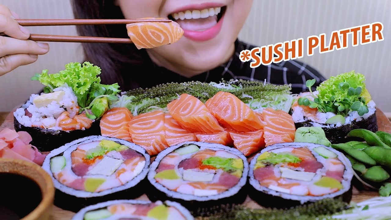 ASMR Sushi Platter (Raw Salmon , Giant sushi roll) chewy EATING SOUNDS | LINH-ASMR