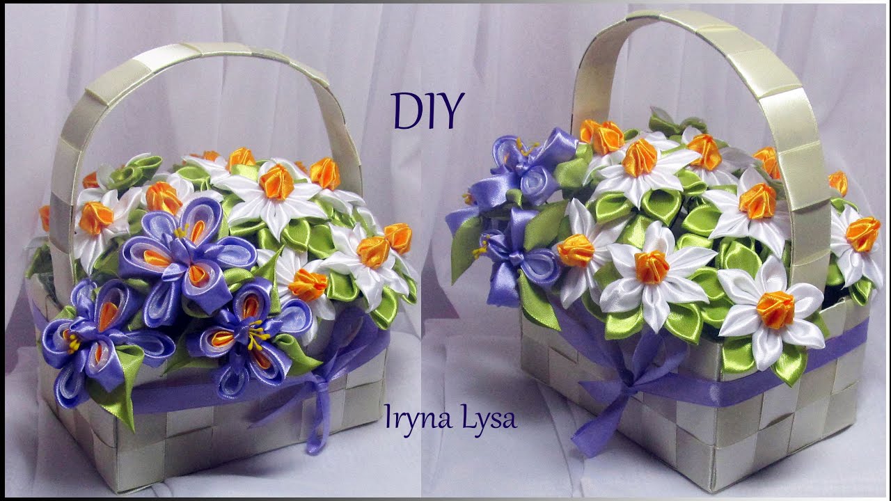 МК: Квіти канзаші у кошику /МК: Цветы канзаши в корзинке из атласных лент/DIY Kanzashi flowers