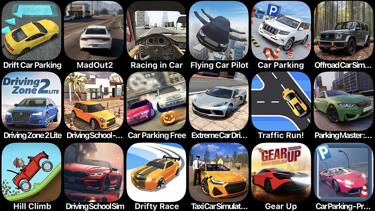 Drift Car Parking,MadOut 2,Racing in Car,Flying Car Pilot,Car Parking,Hill Climb,Drifty Race,Gear Up