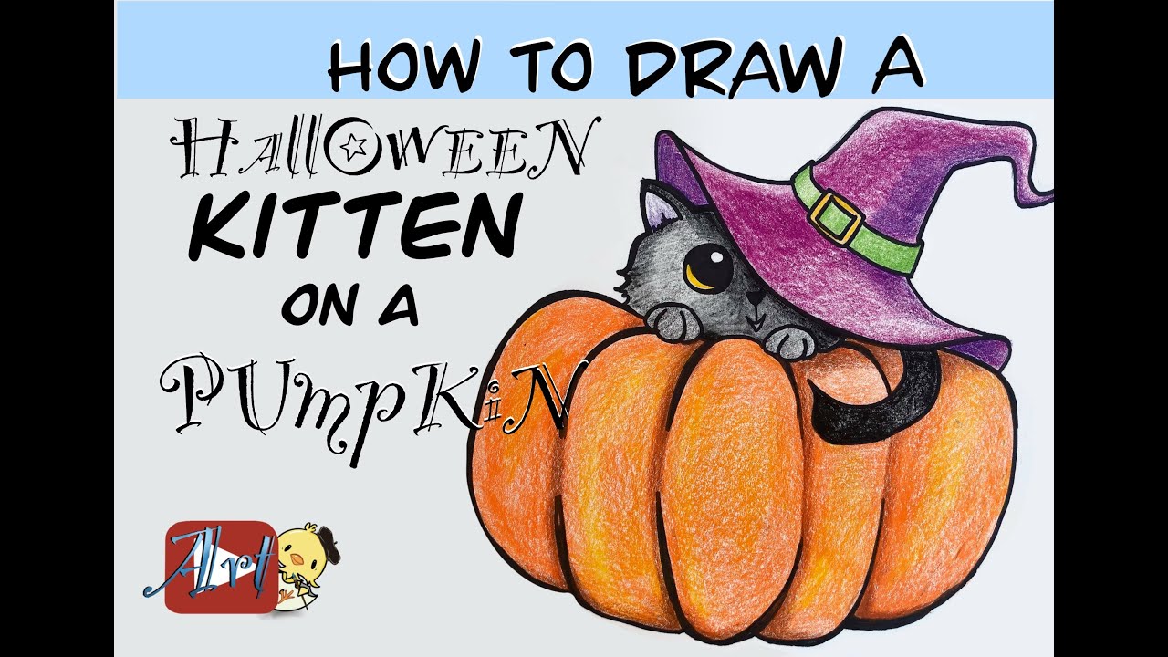 How to Draw a Halloween Kitten on a Pumpkin - Little Hatchling Art Lessons