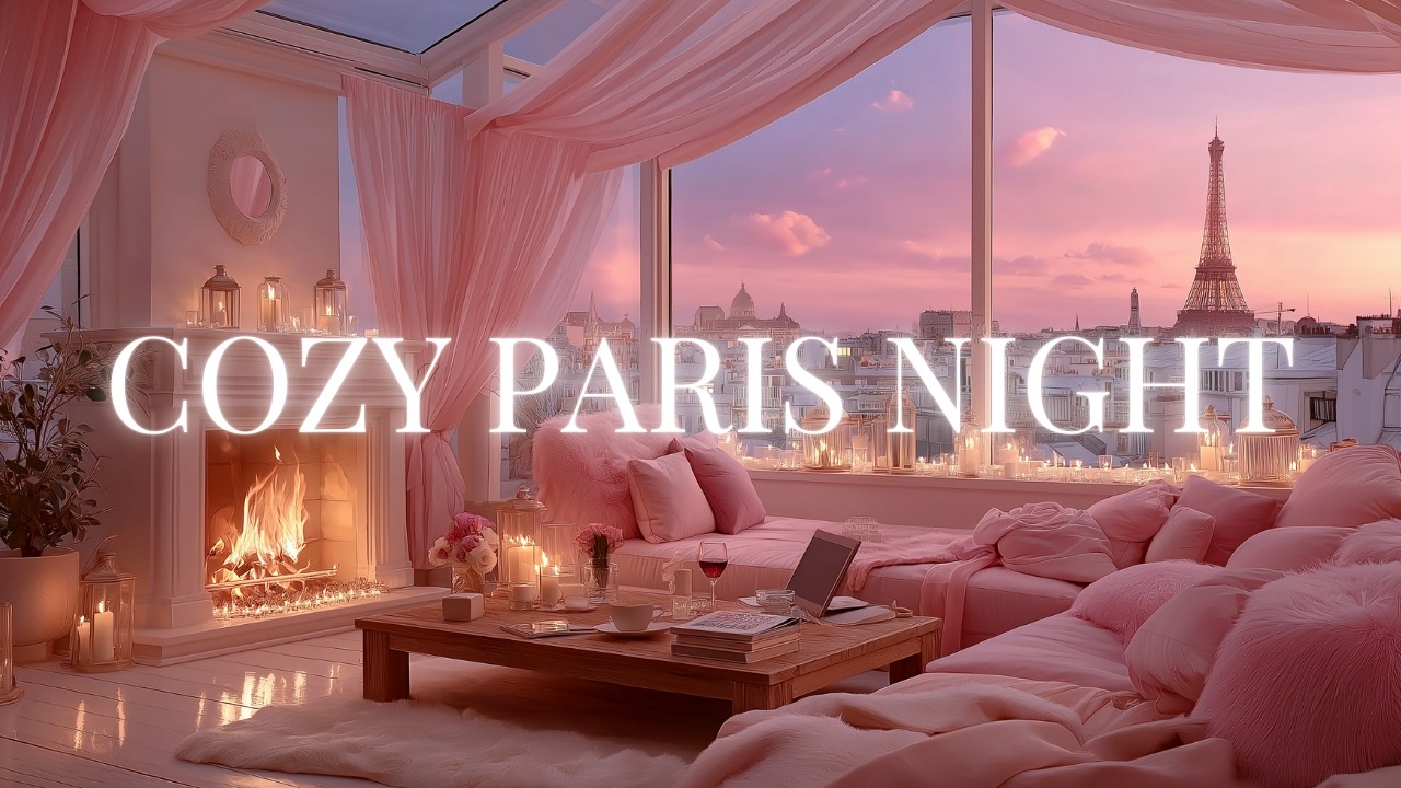 Calming Jazz for Anxiety Relief | Paris Penthouse Ambience | Cozy Fireplace & City Lights