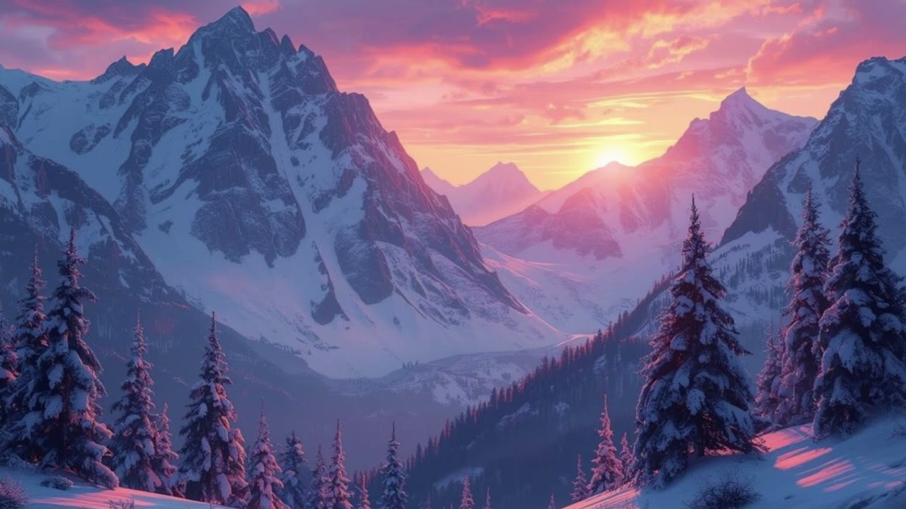 WINTER MOUNTAINS OIL PAINTING FRAME ART. SCREEN AND TV ART.