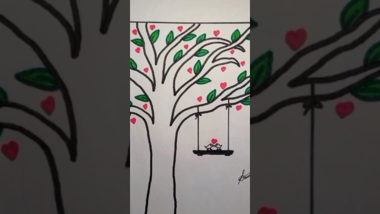 easy drawing of love bird with tree#beautiful# lovely birds🥰🥰🥰💗