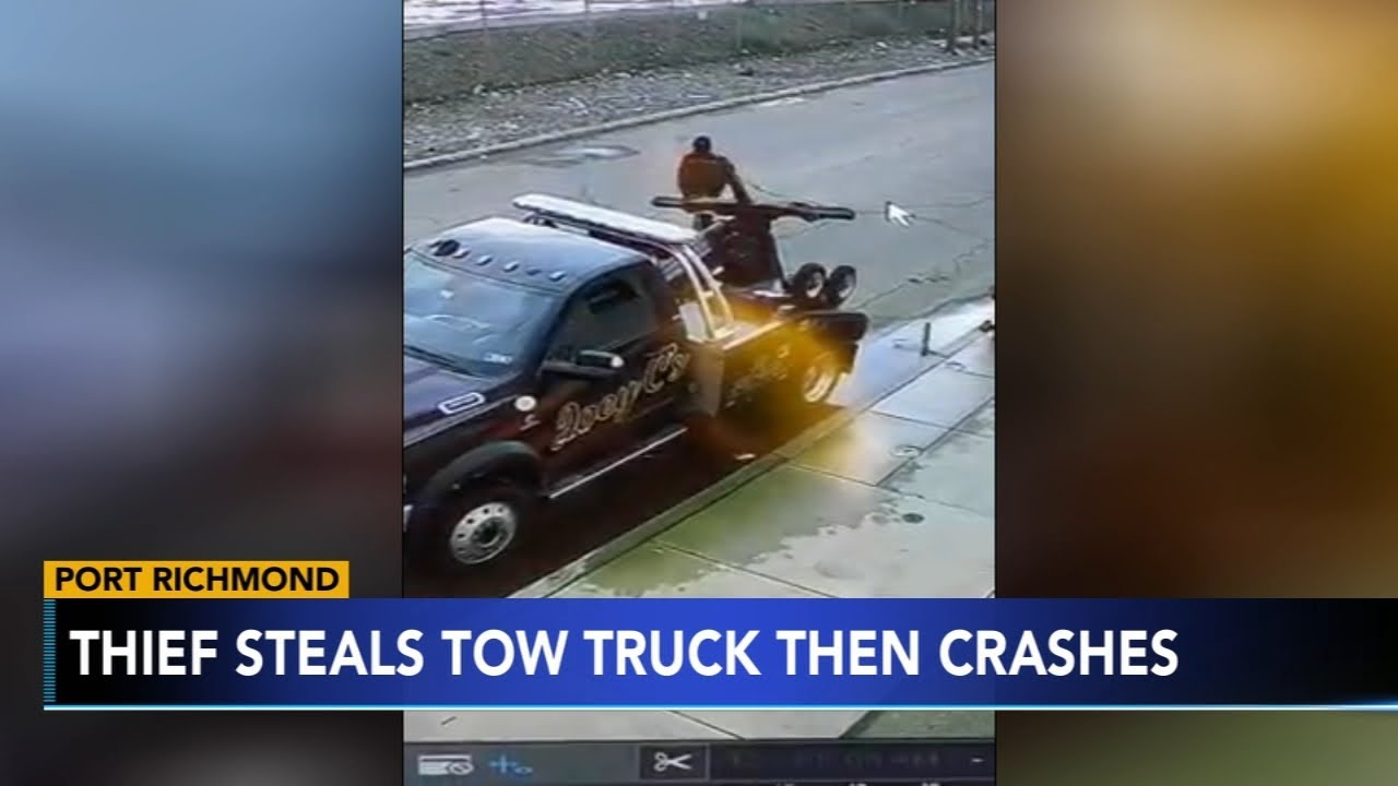 CAUGHT ON VIDEO: Tow truck thief crashes after theft from garage