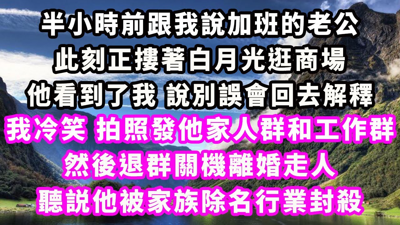 半小時前跟我說加班的老公，此刻正摟著白月光逛商場，他看到了我說別誤會回去解釋，我冷笑拍照發他家人群和工作群，然後退群關機離婚走人，聽説他被家族除名行業封殺