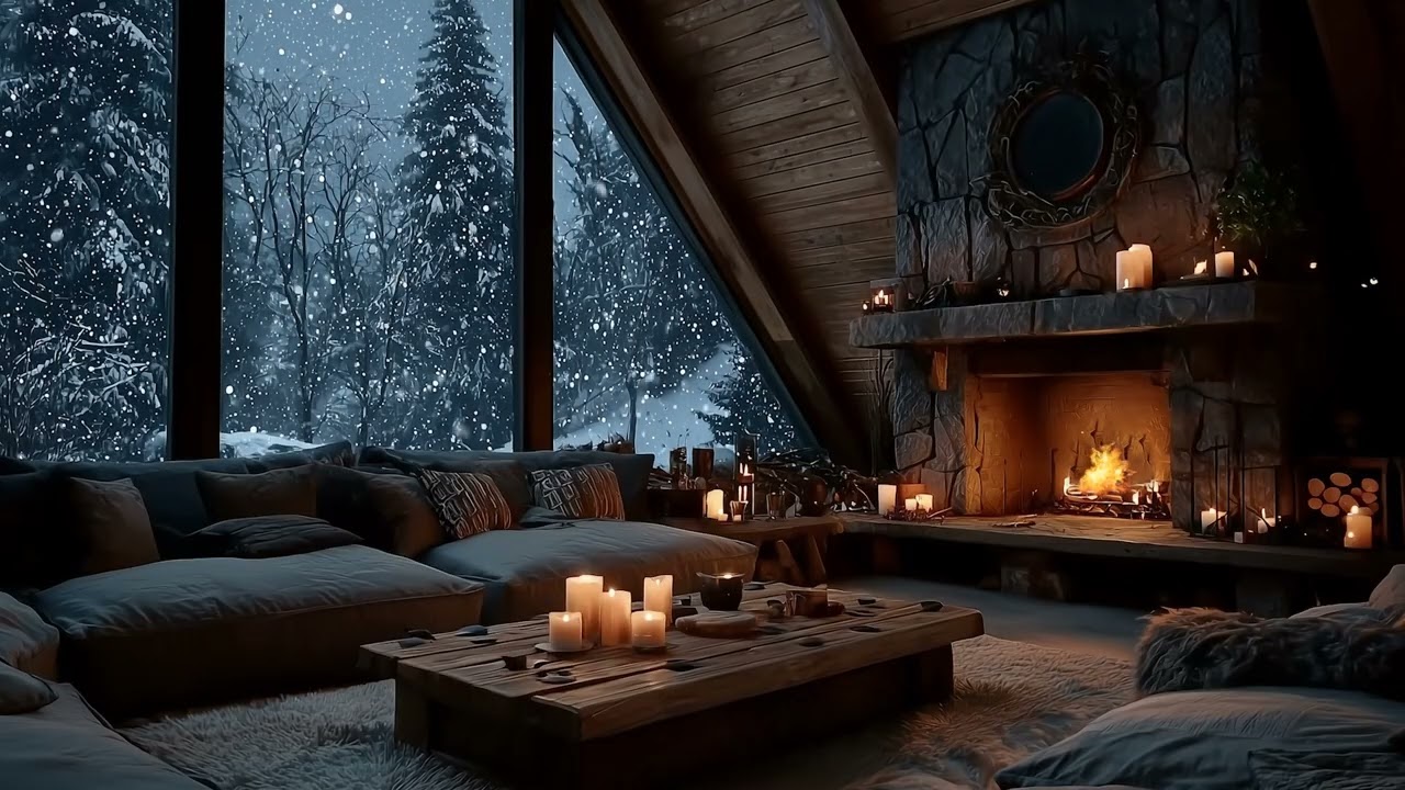 Peaceful Winter Piano Lounge ❄️ Soft Fireplace Sounds & Snowfall Ambience for Sleep & Focus