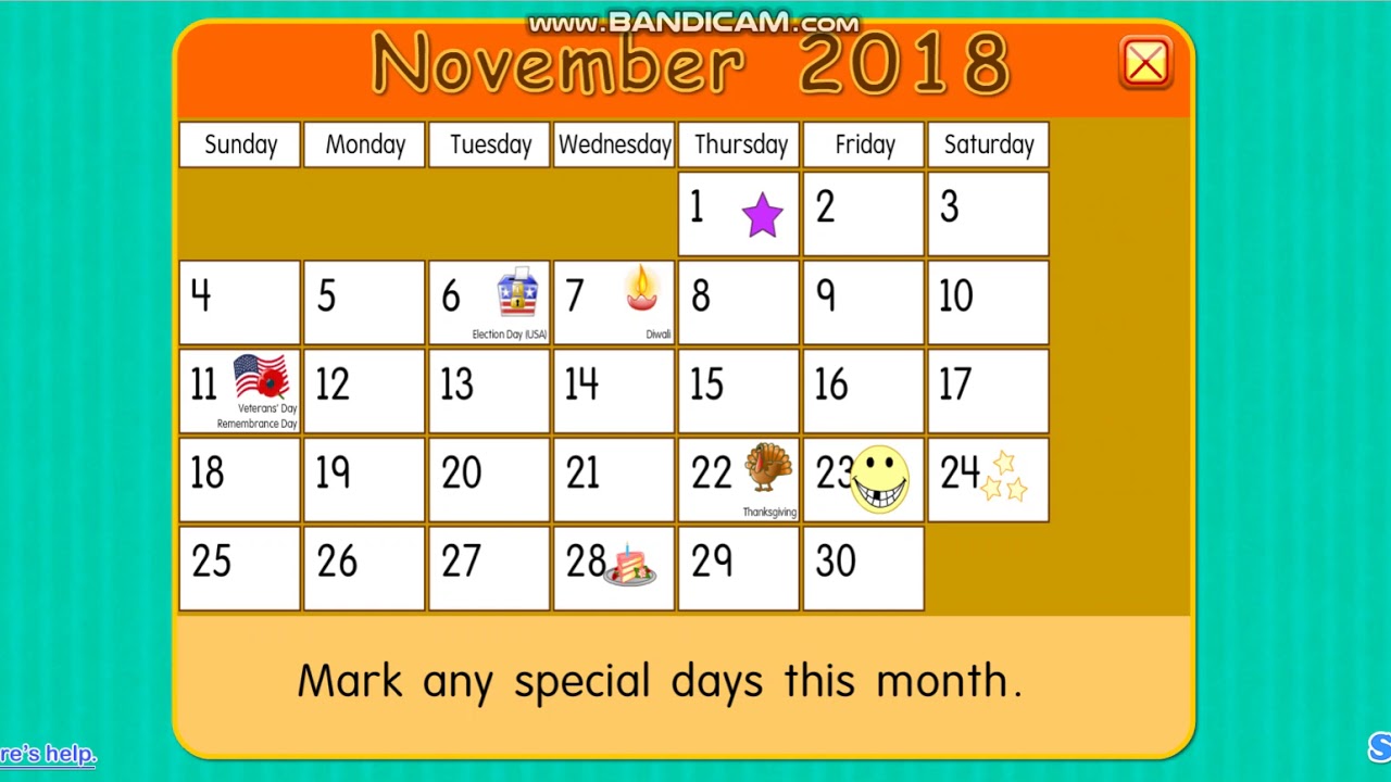Starfall Calendar November 2018 |  Calendar for Kids