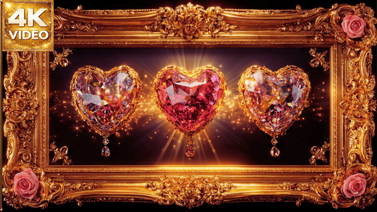 San Valentín 4K | Tres Corazones de Cristal en Marco Dorado | Pantalla Estática para TV