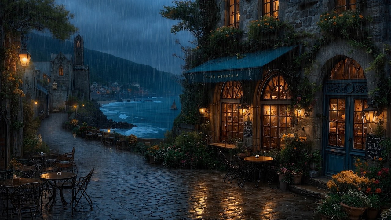 Seaside Coffeeshop in a Quiet Fishing Village☕Dark Academia Rain Ambience for Study & Relaxation