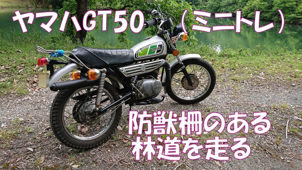 ヤマハGT50で防獣柵のある林道を走る