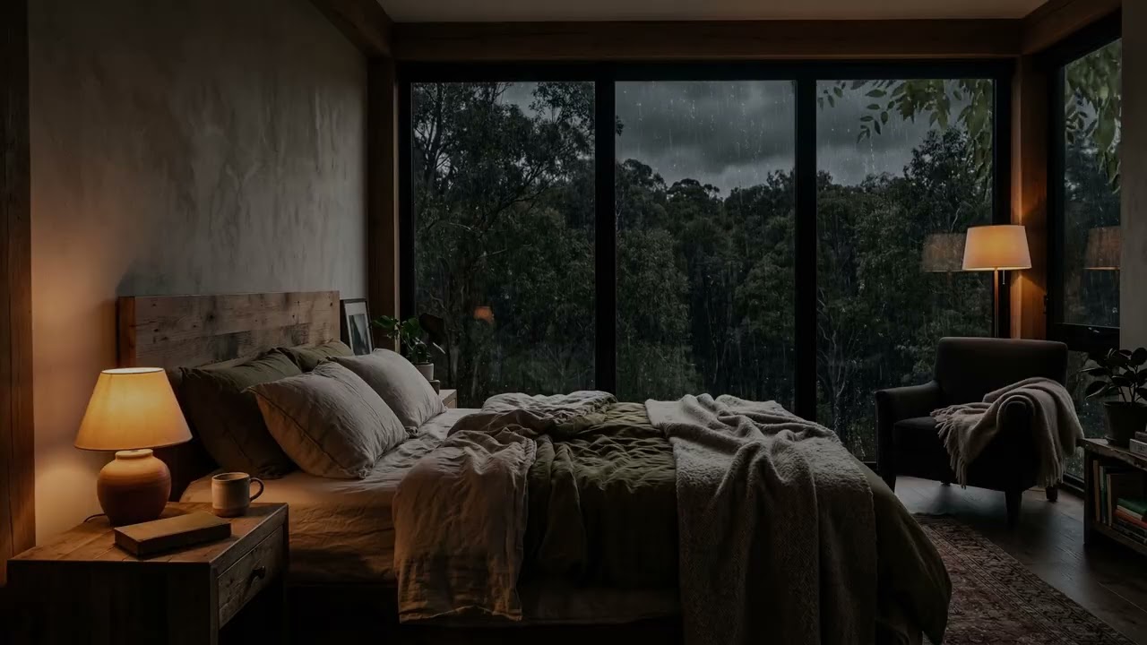 Gentle Rain 🌧️ Drifting Past A Quiet Bedroom Window While Forest Pines 🌲 Sway In Soft Mist