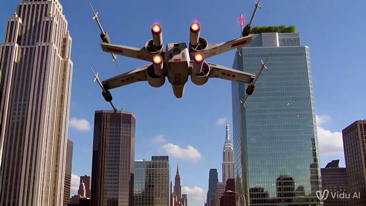 X-wing from star wars flying over new York City