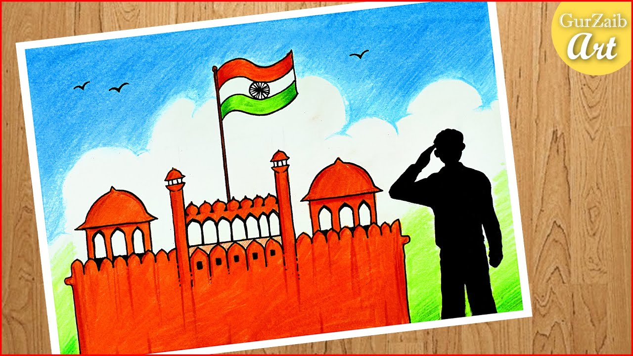 26 January drawing || easy way to draw republic day Red fort with India flag