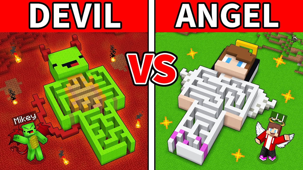 JJ and Mikey: ANGEL vs DEVIL Maze Statue Battle in Minecraft - Maizen